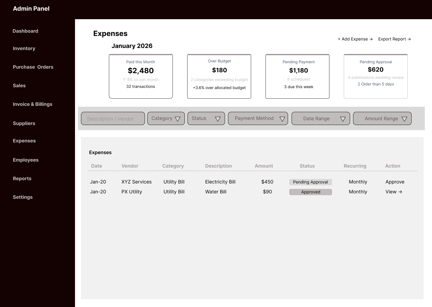 Expense wireframe page