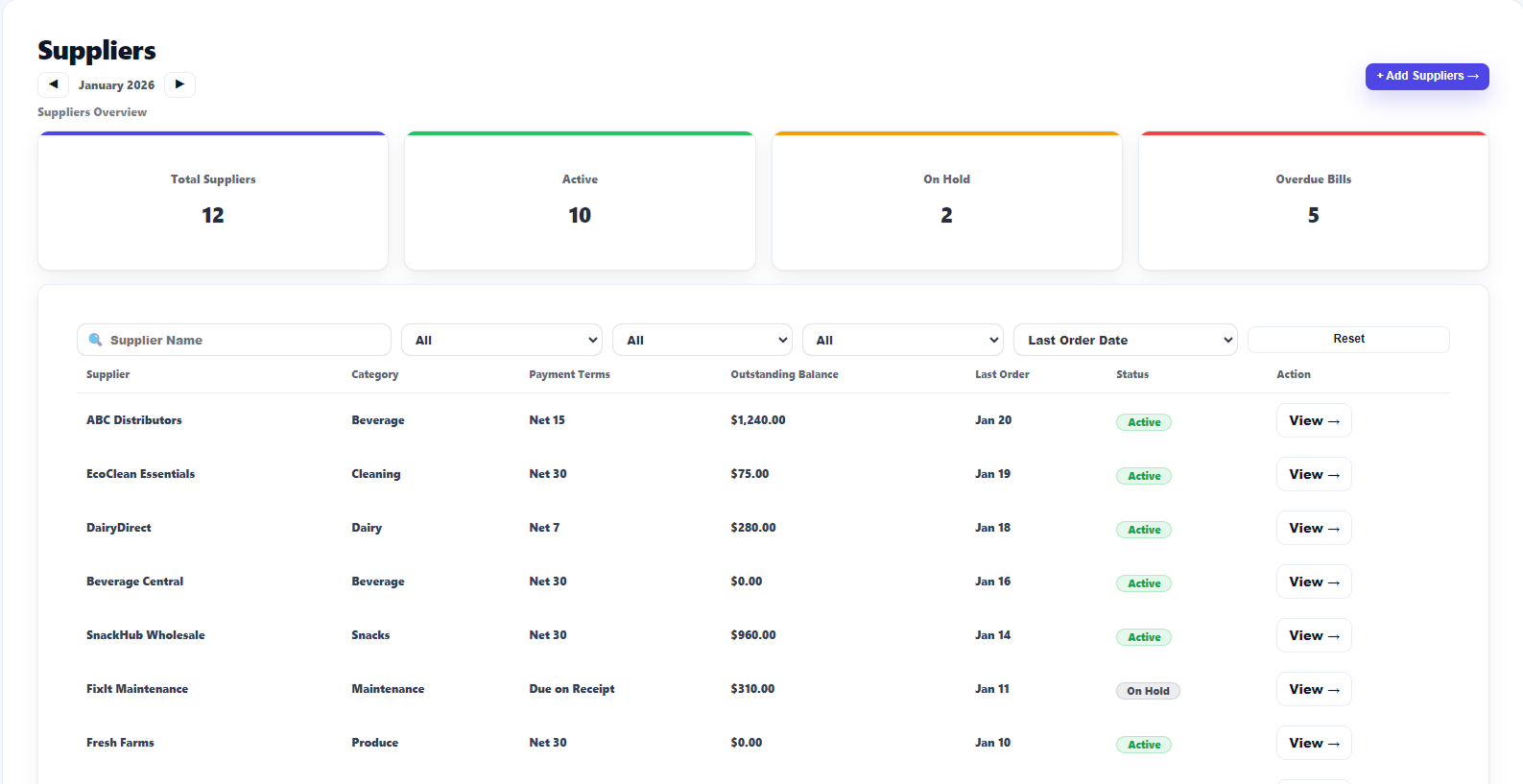 Supplier management feature page e