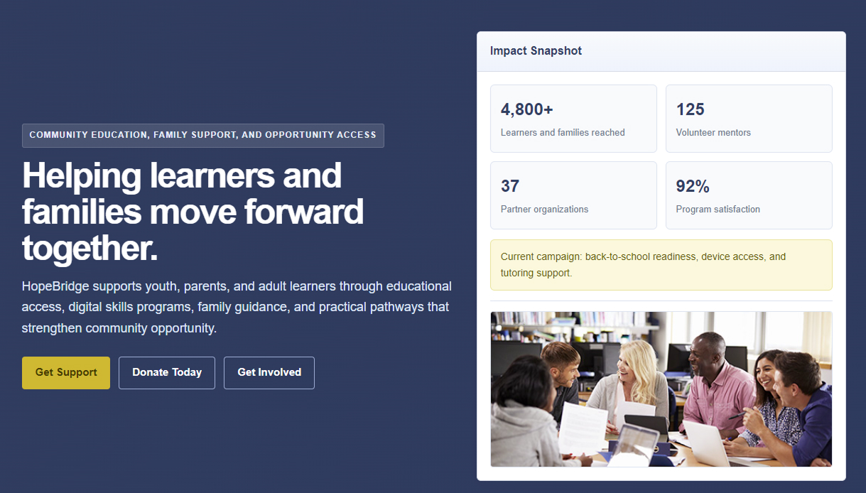 HopeBridge nonprofit website project screens